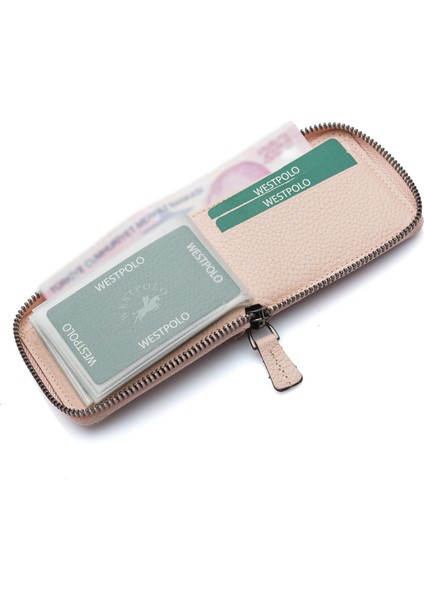 Hakiki Deri Kağıt Para ve Bol Şeffaf Kart Bölmeli, Fermuarlı Unisex Kartlık - Pudra indirimleri