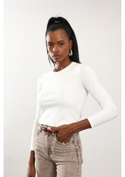 Ekru Fit Basic Uzun Kol Tişört