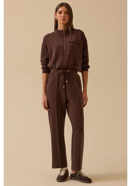 Kadın Elastik Bel Bağcıklı Şerit Detaylı Pantolon 0008 Kahverengi fiyatları