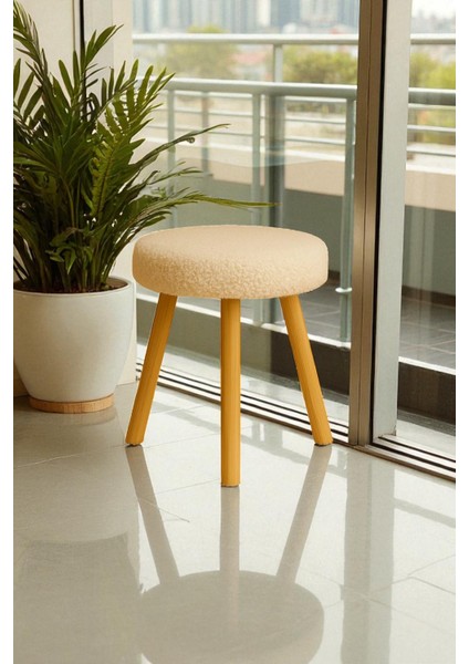 Chic Dekoratif Retro Peluş Puf – Yuvarlak Bench, Ahşap Ayaklı Makyaj & Salon Taburesi modelleri