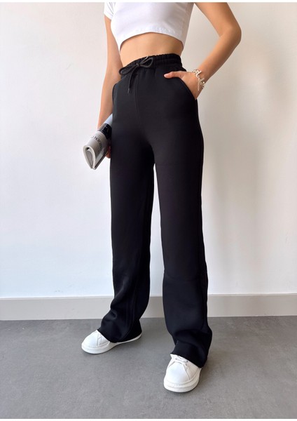 Kadın Siyah Içi Polarlı Kışlık Bağcıklı Yüksek Bel Bol Paça Eşofman Altı fiyatları