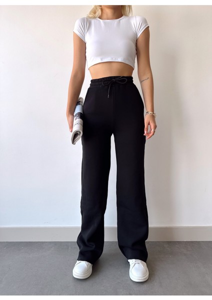 Kadın Siyah Içi Polarlı Kışlık Bağcıklı Yüksek Bel Bol Paça Eşofman Altı