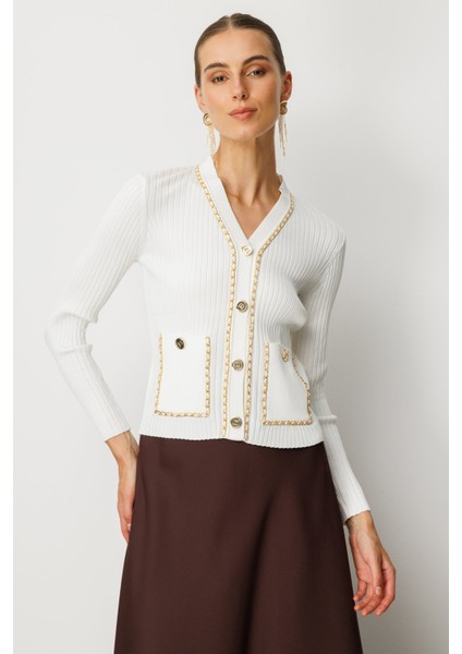 Kadın Zincirli Fitilli Hırka 60951 Ekru