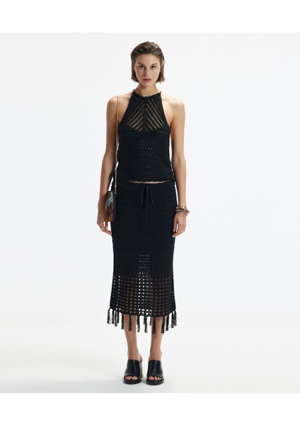 Püsküllü Dizaltı Triko Etek