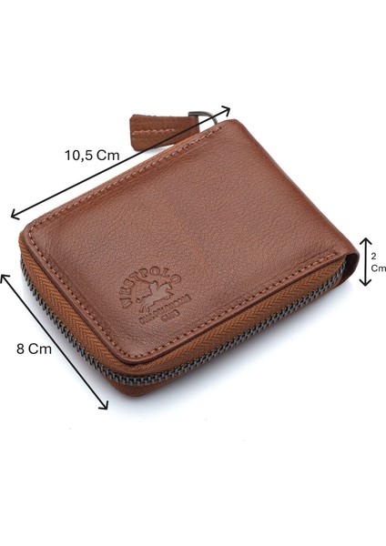 Hakiki Deri Kağıt Para ve Bol Şeffaf Kart Bölmeli, Fermuarlı Unisex Kartlık - Taba