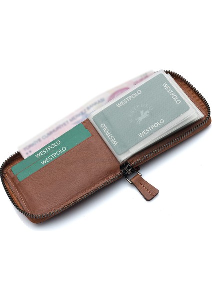 Hakiki Deri Kağıt Para ve Bol Şeffaf Kart Bölmeli, Fermuarlı Unisex Kartlık - Taba modelleri