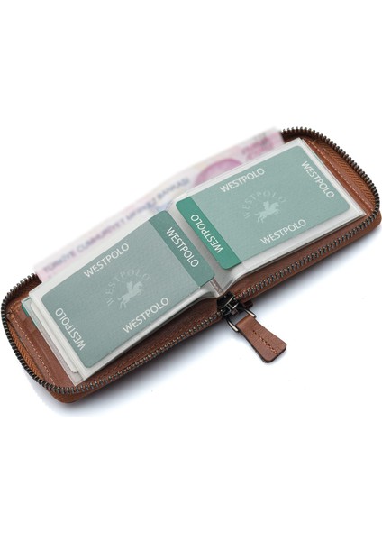 Hakiki Deri Kağıt Para ve Bol Şeffaf Kart Bölmeli, Fermuarlı Unisex Kartlık - Taba fırsatları