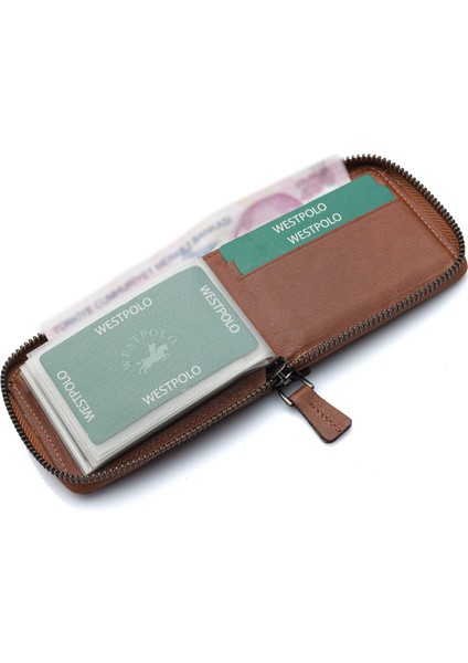 Hakiki Deri Kağıt Para ve Bol Şeffaf Kart Bölmeli, Fermuarlı Unisex Kartlık - Taba indirimleri