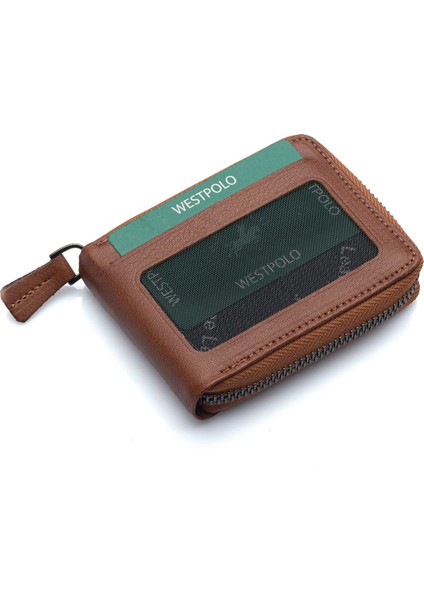 Hakiki Deri Kağıt Para ve Bol Şeffaf Kart Bölmeli, Fermuarlı Unisex Kartlık - Taba