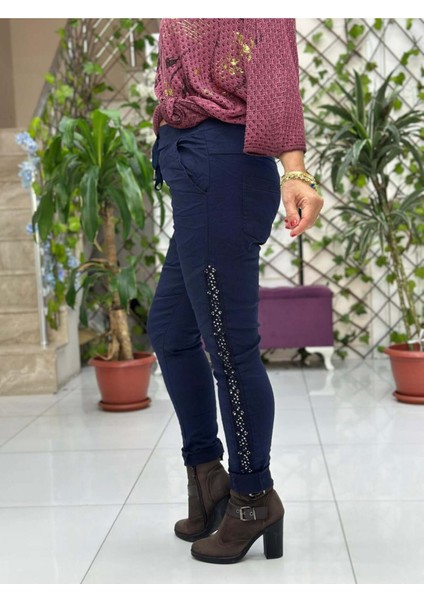 YG60008 İtalyan Yanlar Pulpayet Coton Pantolon Lacivert