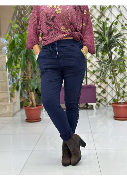YG60008 İtalyan Yanlar Pulpayet Coton Pantolon Lacivert modelleri