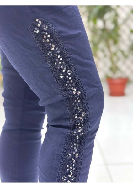 YG60008 İtalyan Yanlar Pulpayet Coton Pantolon Lacivert indirimleri