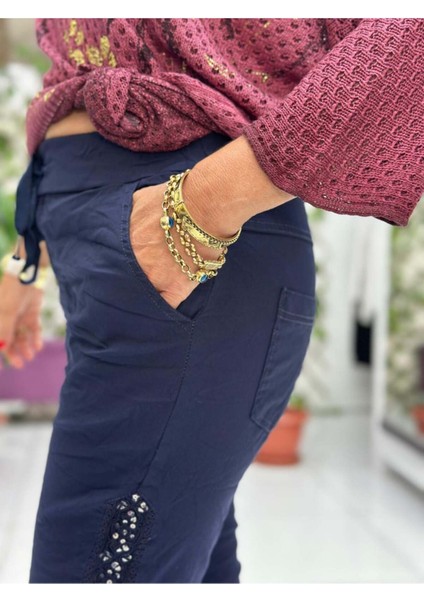 YG60008 İtalyan Yanlar Pulpayet Coton Pantolon Lacivert
