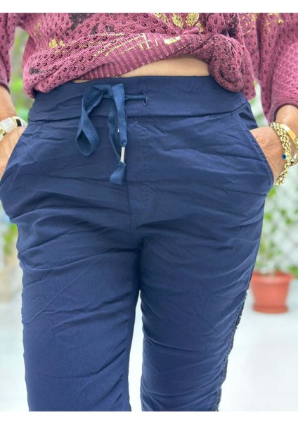 YG60008 İtalyan Yanlar Pulpayet Coton Pantolon Lacivert