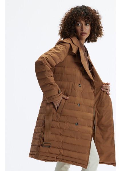 Mikrofiber Kapüşonlu Uzun Düğme Ve Cep Detaylı Kemerli Pardösü