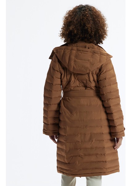 Mikrofiber Kapüşonlu Uzun Düğme Ve Cep Detaylı Kemerli Pardösü