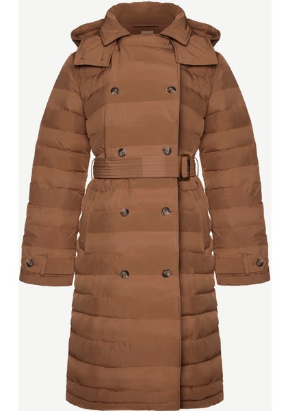 Mikrofiber Kapüşonlu Uzun Düğme Ve Cep Detaylı Kemerli Pardösü