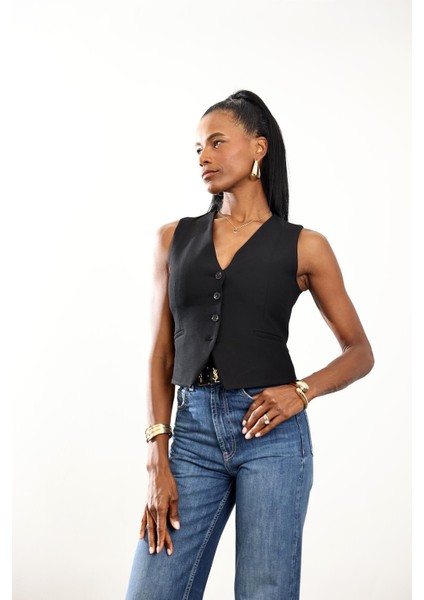 Siyah V Yaka Düğmeli Yelek 5005