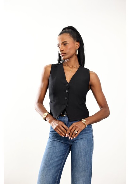 Siyah V Yaka Düğmeli Yelek 5005 modelleri