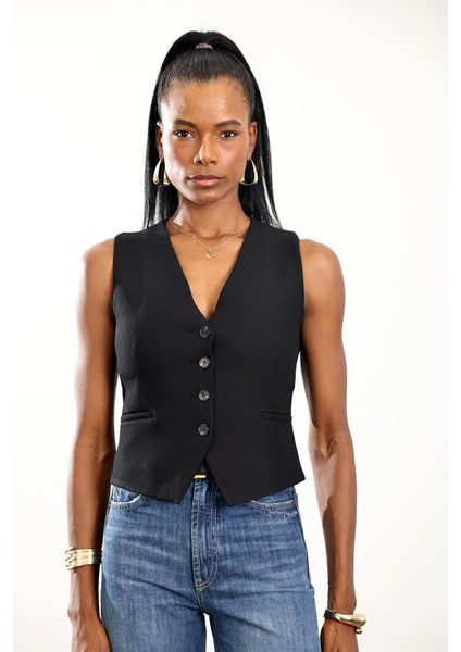 Siyah V Yaka Düğmeli Yelek 5005 fırsatları