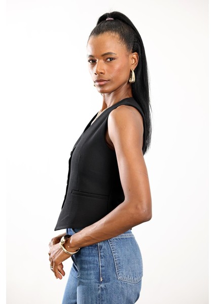 Siyah V Yaka Düğmeli Yelek 5005 indirimleri