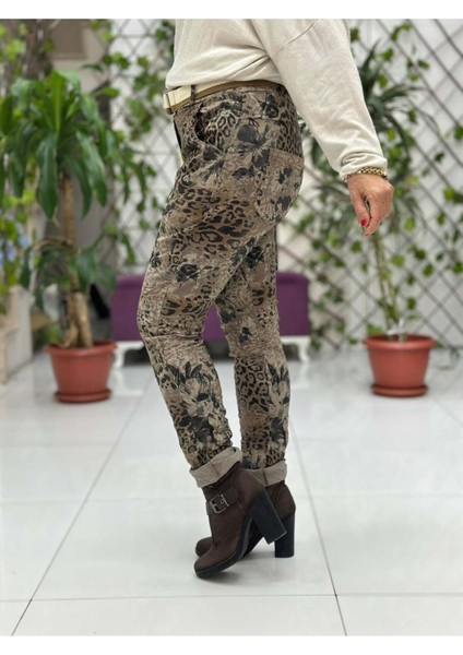 NC21980 italyan Likralı Çiçek ve Leopar desenli Pantolon Vizon