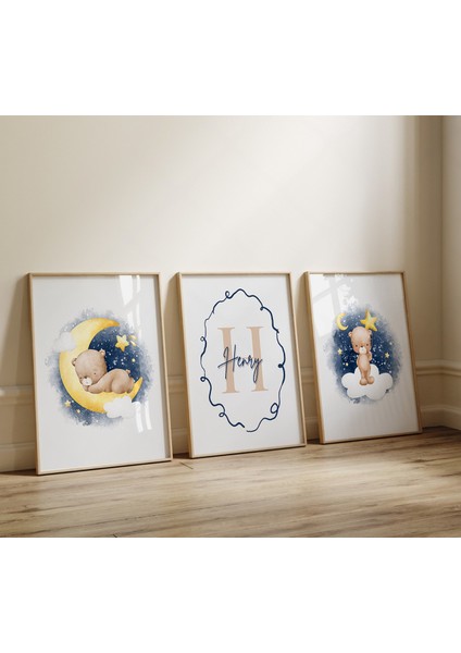 (Çerçevesiz)Teddy Bear Bebek Odası 3lü Poster Seti, Kişiselleştirilebilir 3lü Çerçevesiz Poster Seti