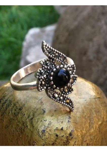 925 Ayar Kadın Gümüş Oltu Taşı Yüzük SY00059 fırsatları