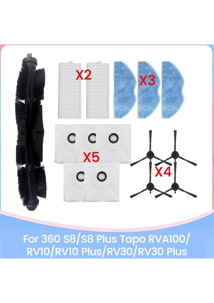 360 S8/s8 Plus Tapo RVA100/RV10/RV10 PLUS/RV30/RV30 Plus Yedek Parçaları Fırça Filtre Toz Torbası Paspas Bezi (Yurt Dışından)
