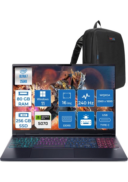 Predator Helıos Neo 16S Aı Intel Core™ Ultra 7 255HX 80GB Ddr5 256GB SSD 8GB/RTX5070 115W 16"qhd+ 2560X1600 240HZ OLED WIN11HOME Gaming Bilgisayar. NHQZFEY001H21+ZETTAÇANTA