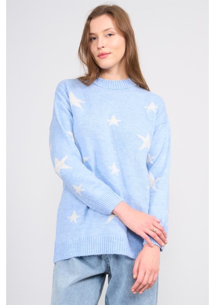 Çetinkaya Fithit 2321 Kadın Bisiklet Yaka Akrilik Simli Jakarlı Triko Kazak Açık Mavi