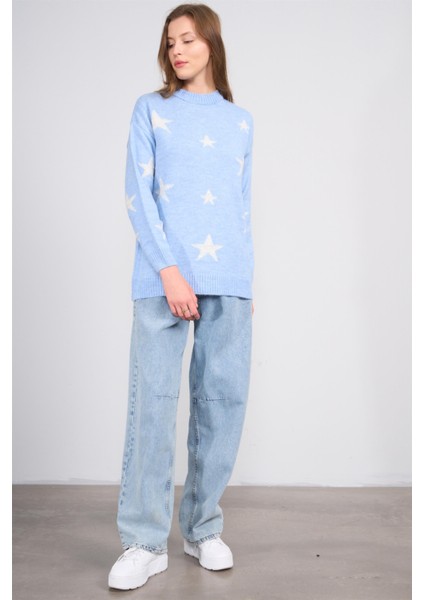 Çetinkaya Fithit 2321 Kadın Bisiklet Yaka Akrilik Simli Jakarlı Triko Kazak Açık Mavi fiyatları