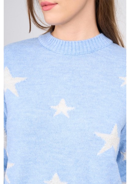 Çetinkaya Fithit 2321 Kadın Bisiklet Yaka Akrilik Simli Jakarlı Triko Kazak Açık Mavi modelleri