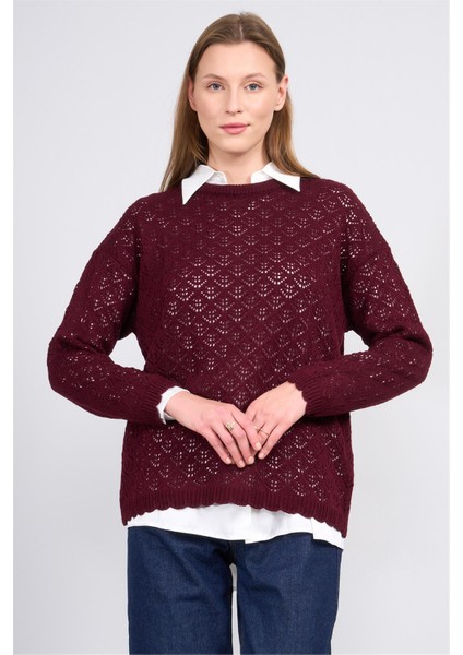 2350 Kadın Bisiklet Yaka Akrilik Ajur Triko Kazak Bordo