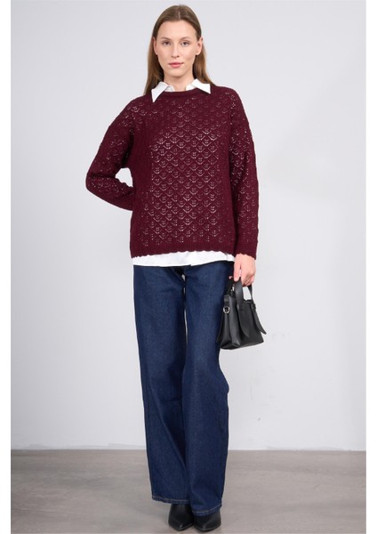 2350 Kadın Bisiklet Yaka Akrilik Ajur Triko Kazak Bordo fiyatları