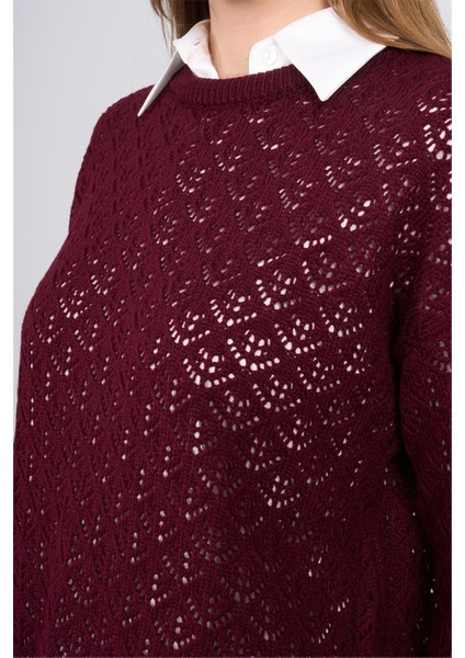 2350 Kadın Bisiklet Yaka Akrilik Ajur Triko Kazak Bordo modelleri