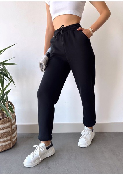Kadın Siyah Kışlık Kalın Içi Polarlı Yüksek Bel Paçası Lastikli Basic Jogger Eşofman Altı