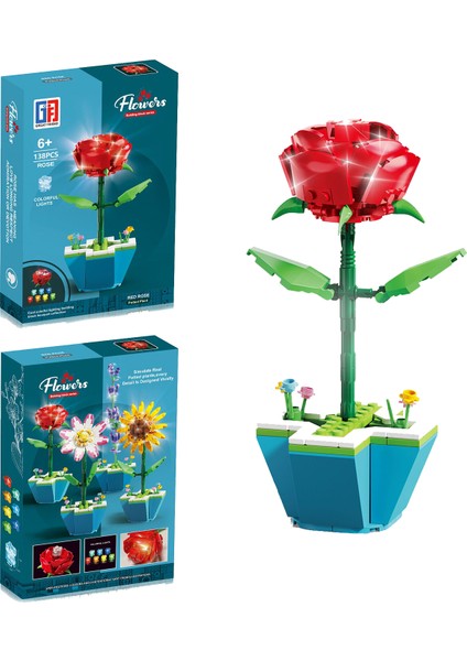 Saksılı Renkli Işıklı Blok Çiçek - Gül 138 Parça