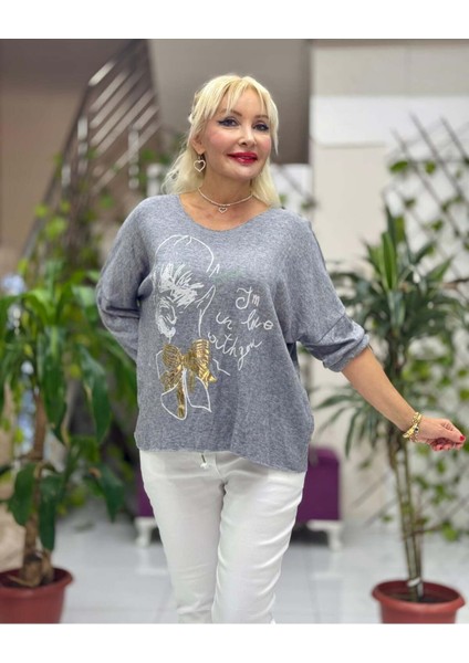 YG5810 Baskılı İtalyan Triko Bluz Gri fiyatları