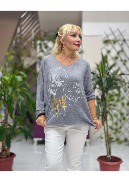 YG5810 Baskılı İtalyan Triko Bluz Gri modelleri