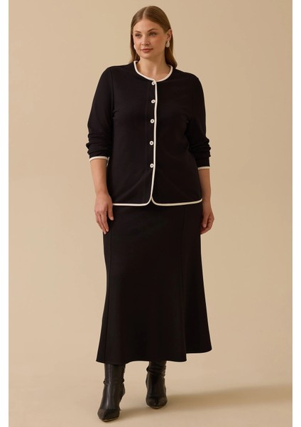 Kadın Büyük Beden Biye Detaylı Düğmeli Hırka 4009 Siyah
