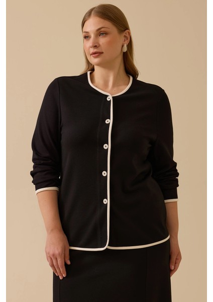 Kadın Büyük Beden Biye Detaylı Düğmeli Hırka 4009 Siyah fiyatları
