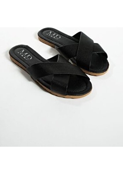 Siyah Çapraz Kadın Terlik Suni Deri Konforlu