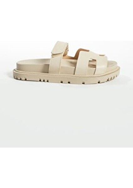 Krem Cırtlı Kadın Terlik Anatomik Rahat Taban Pu Deri Konforlu Tasarım