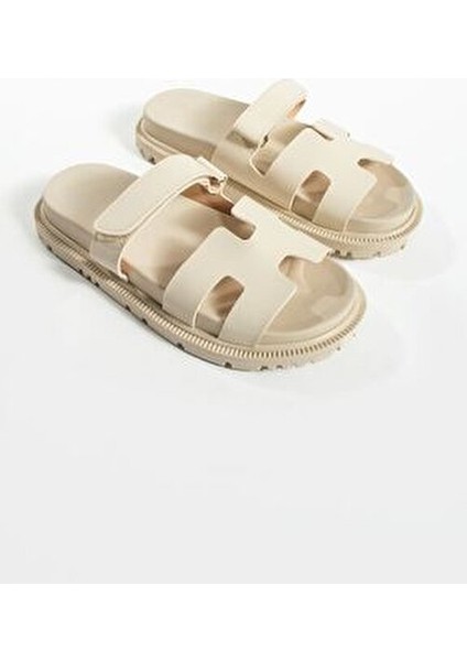 Krem Cırtlı Kadın Terlik Anatomik Rahat Taban Pu Deri Konforlu Tasarım