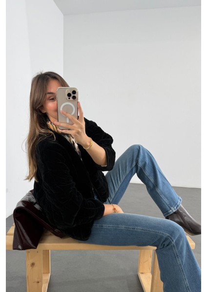 Siyah Kadife Kapitone Bomber Ceket