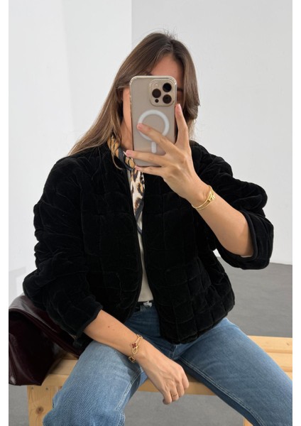 Siyah Kadife Kapitone Bomber Ceket modelleri