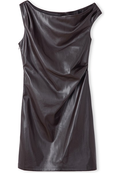 Deri Görünümlü Asimetrik Yaka Elbise IW6250002208074 indirimleri