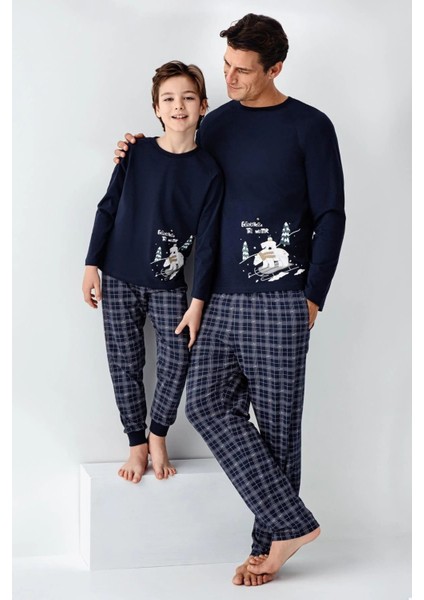 3444 Baba&oğul Uzun Kollu Bisiklet Yaka Pijama Takımı-Lacivert