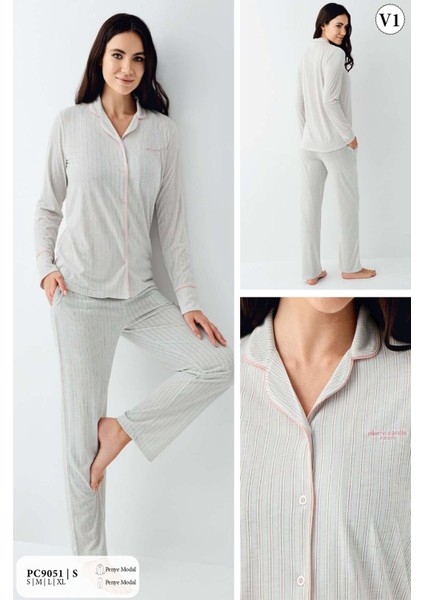 9051 Kadın Uzun Kollu Gömlek Pijama Takımı-Nil